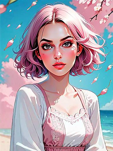 Realistic Woman in High-Waisted Crochet Swimsuit with Pink Hair at Beach