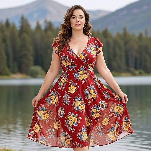 Woman in Red Floral Dress by Mountain Lake