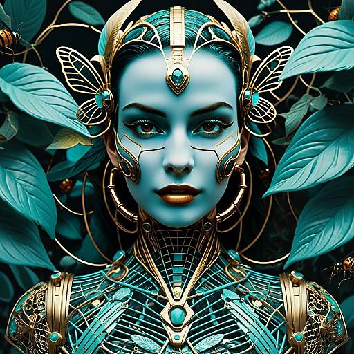 Futuristic Cybernetic Woman with Gold and Teal Nature-Inspired Armor