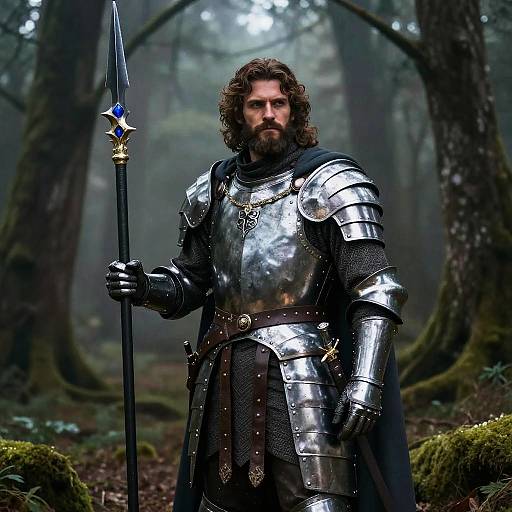 Medieval Knight in Shining Armor Holding Spear in Foggy Forest