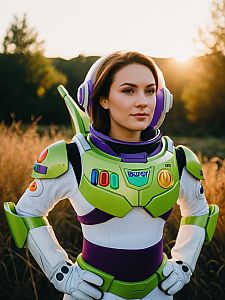 Woman in Buzz Lightyear Costume Photorealistic Outdoor Portrait