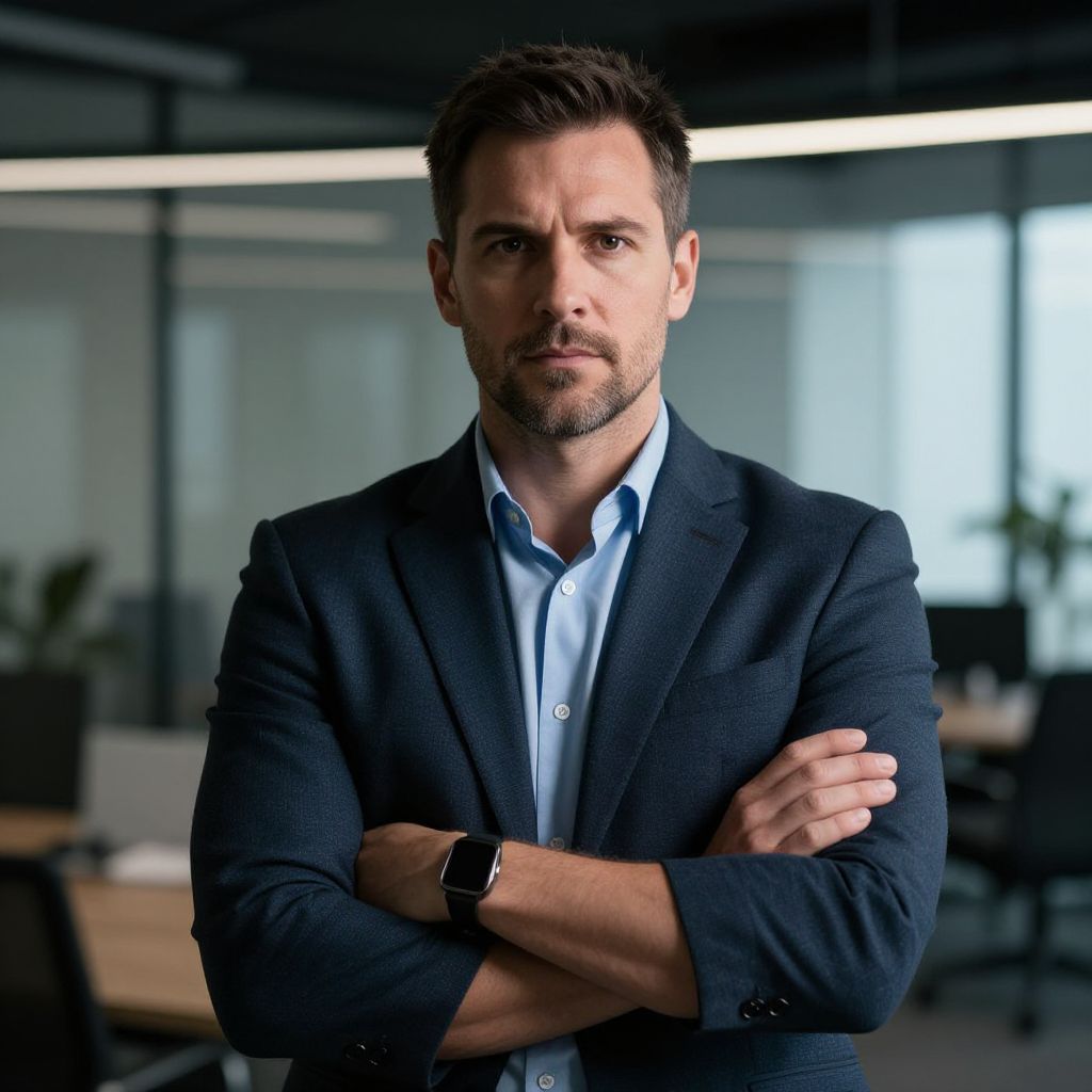 Confident Businessman in Navy Blazer in Modern Office