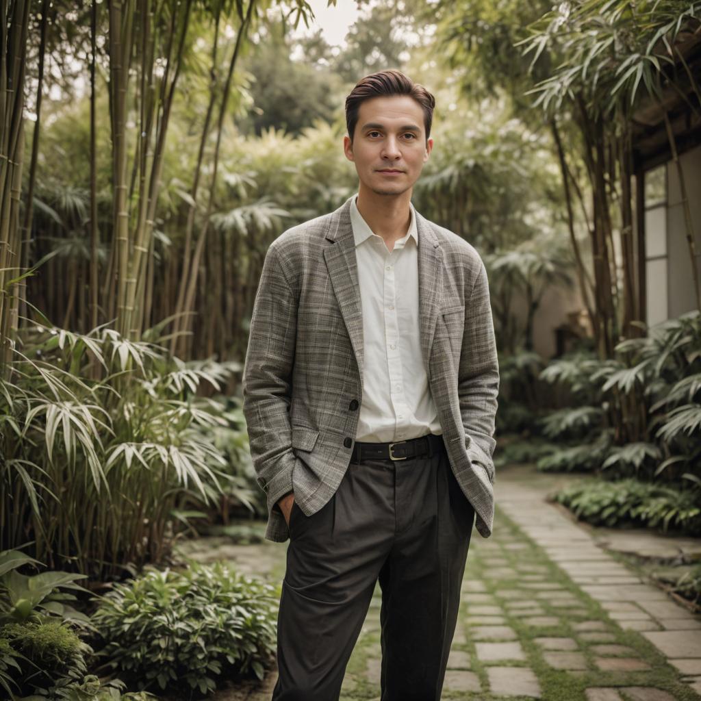 Confident Man in Serene Garden