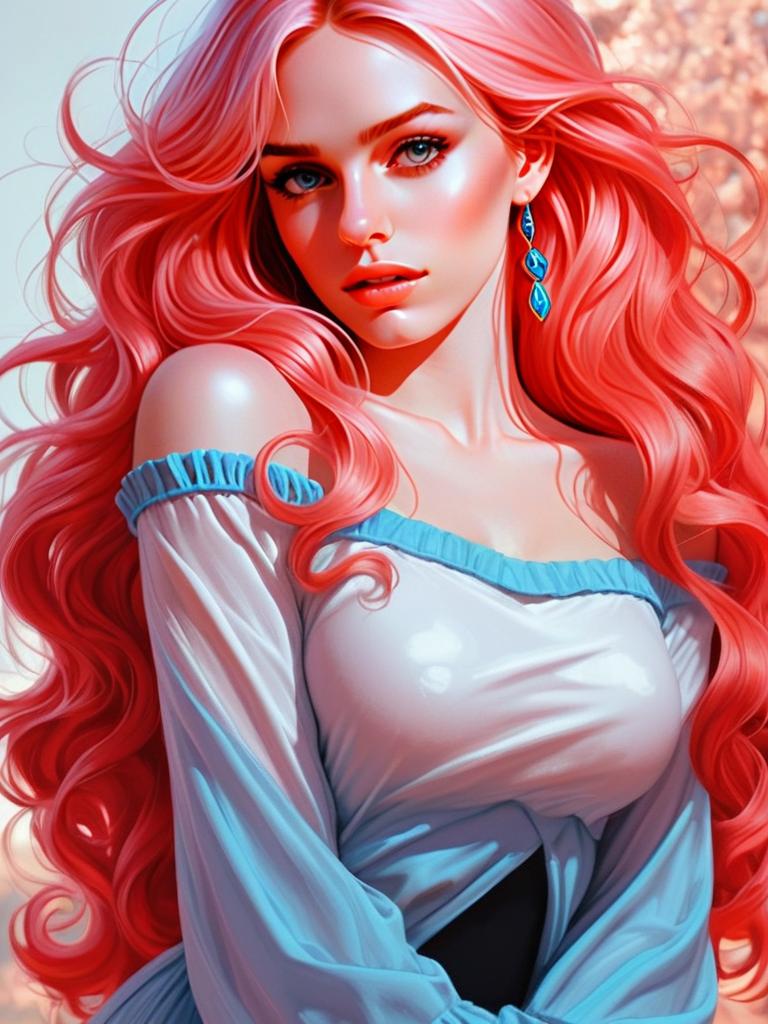 Digital Portrait of Woman with Long Red Hair in Off-Shoulder White Blue Dress