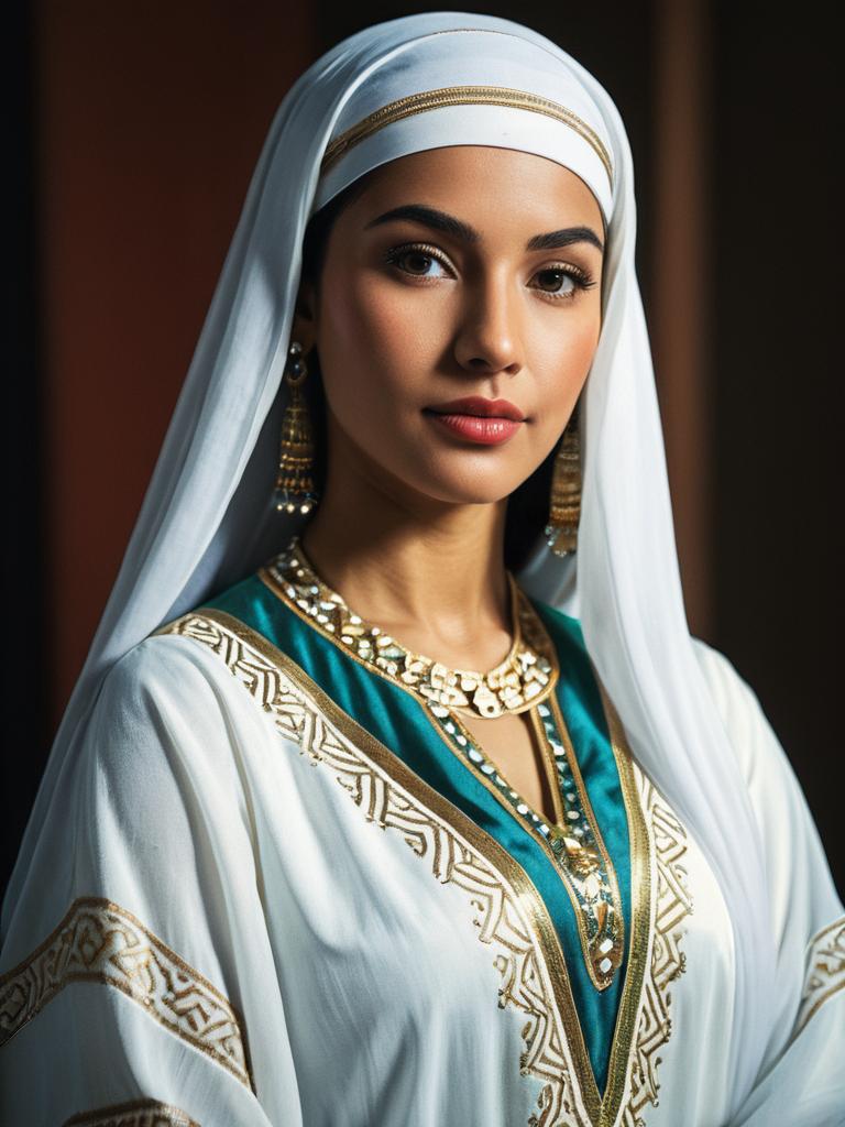 Photorealistic Portrait of Woman in Traditional Arabian Dress with Gold Embroidery