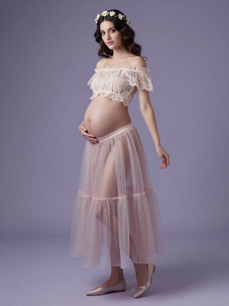 Pregnant Woman in Romantic Sheer Lace and Tulle Maternity Dress with Floral Crown