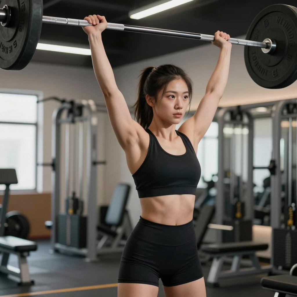 Young Woman Lifting Barbell Overhead in Gym Workout