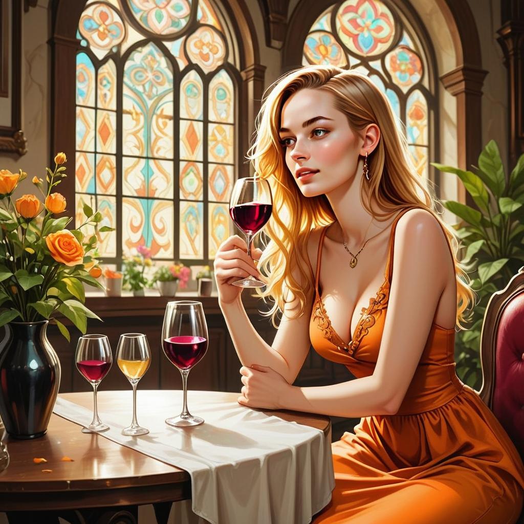 Young Woman in Elegant Orange Dress Tasting Wine