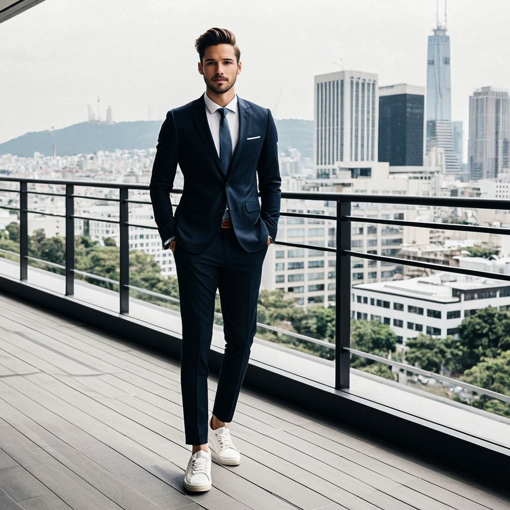 Stylish man on rooftop terrace in navy suit