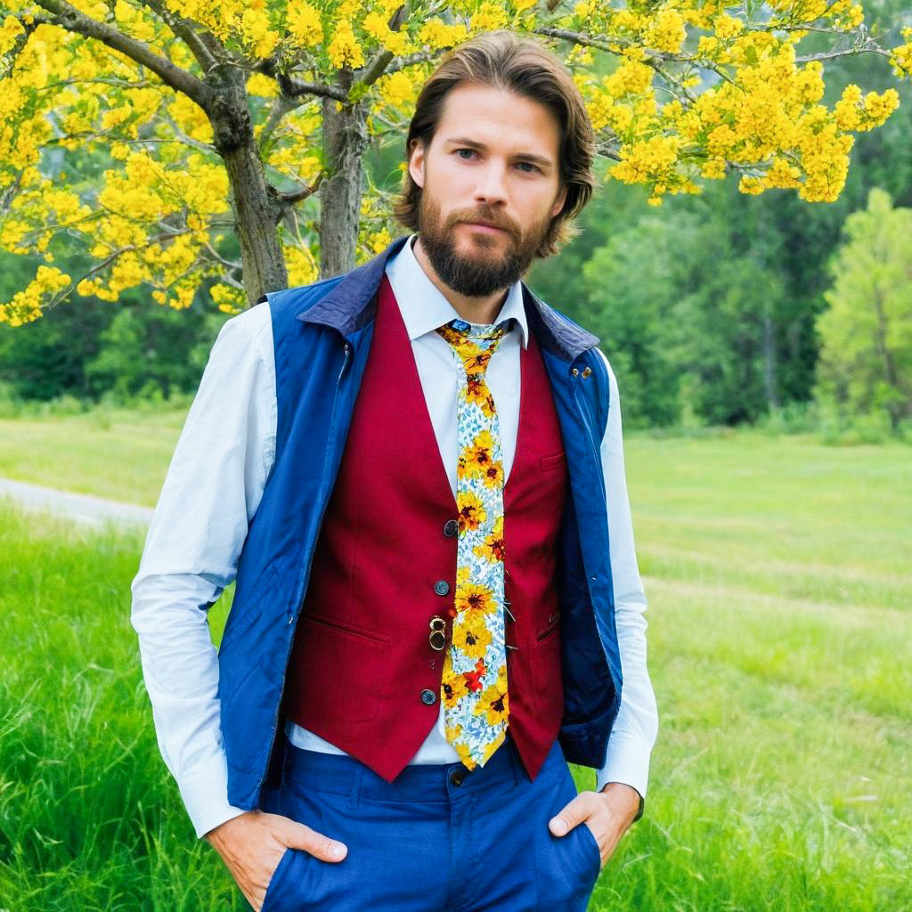Confident Man in Stylish Outfit Near Yellow Blossoms