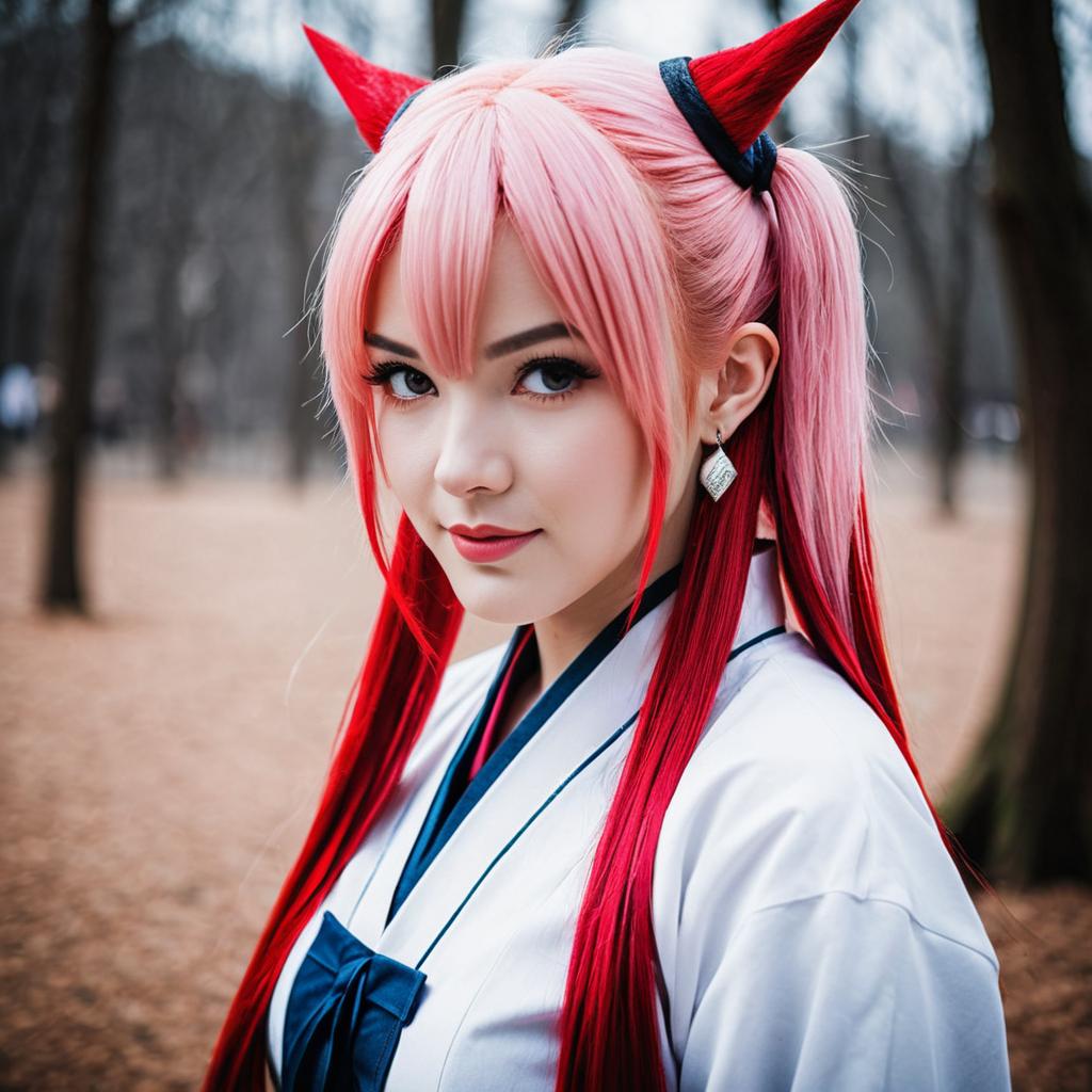 Akagi Towa Cosplay Portrait with Pink and Red Hair in Forest Setting