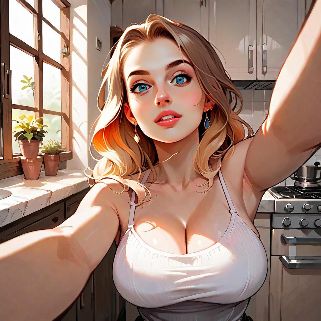 Young Woman Taking Selfie in Sunlit Kitchen Digital Artwork