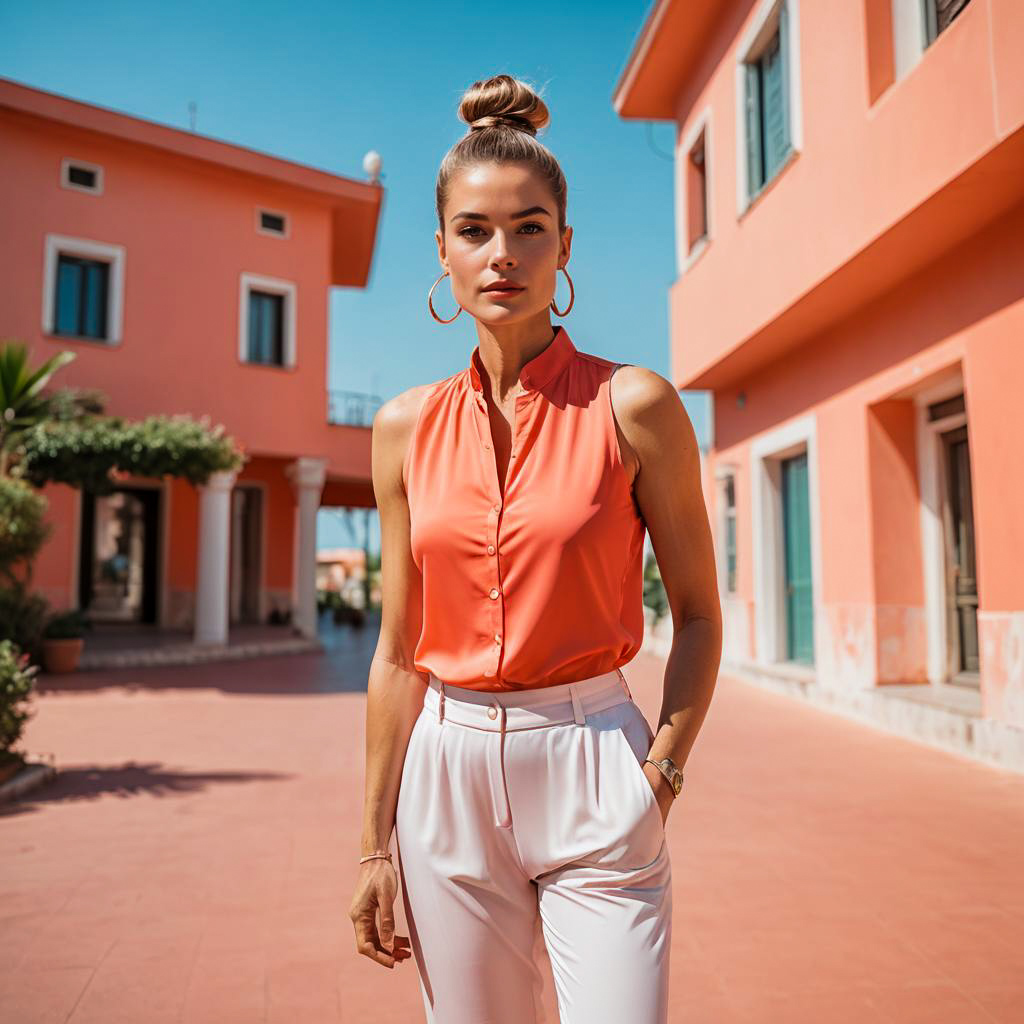 Elegant Woman in Coral Blouse and White Trousers Outdoors