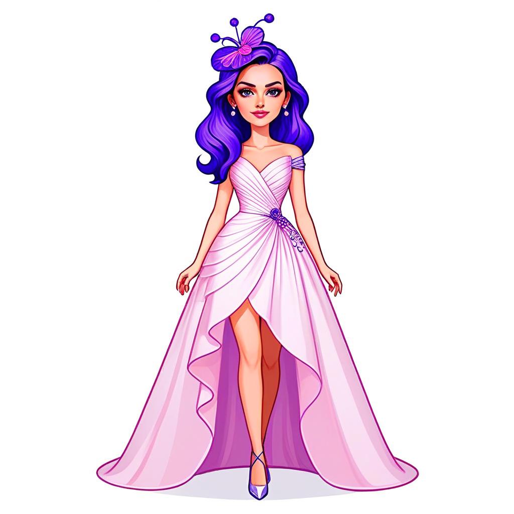 Woman in Modern Asymmetrical Pink Ball Gown with Purple Hair Illustration
