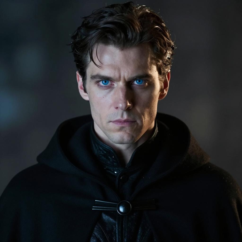 Mysterious Man with Blue Eyes in Dark Cloak Portrait