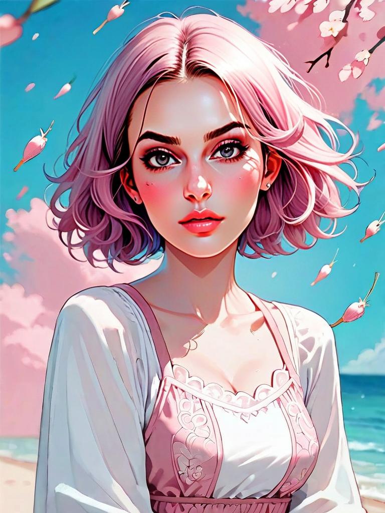 Realistic Woman in High-Waisted Crochet Swimsuit with Pink Hair at Beach