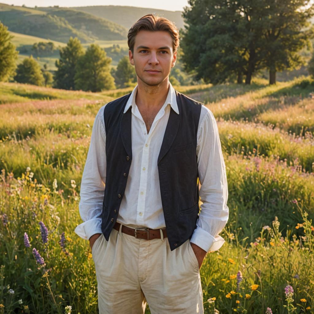 Stylish man in serene field during golden hour