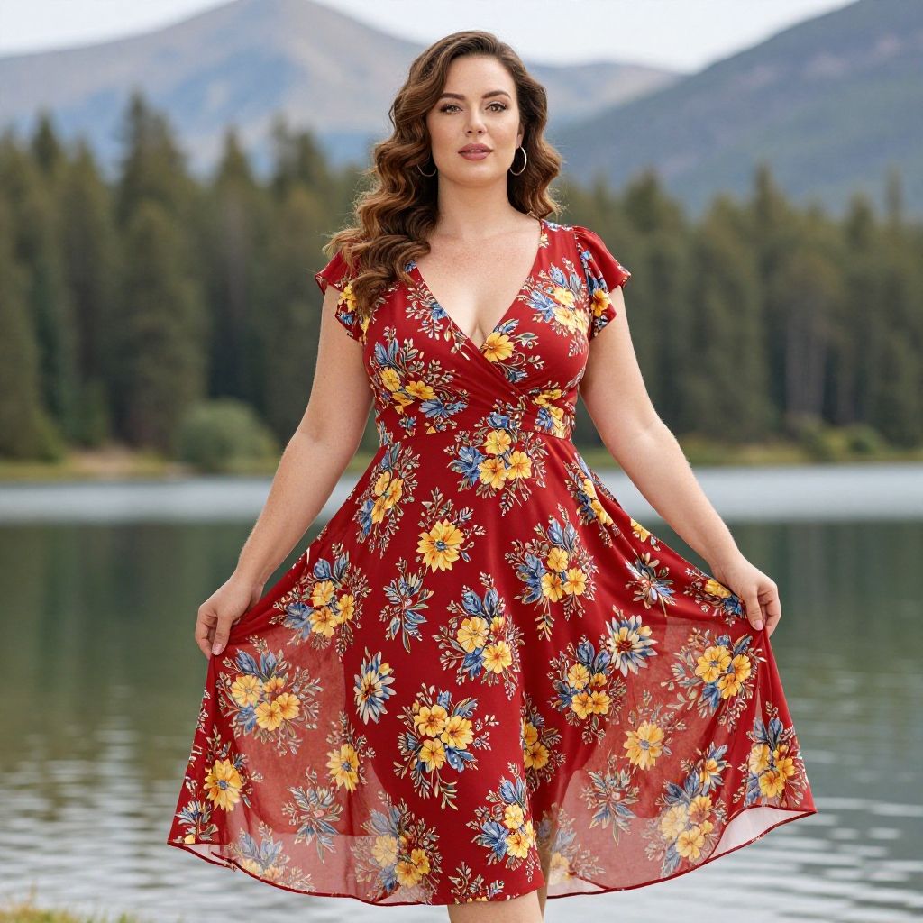 Woman in Red Floral Dress by Mountain Lake