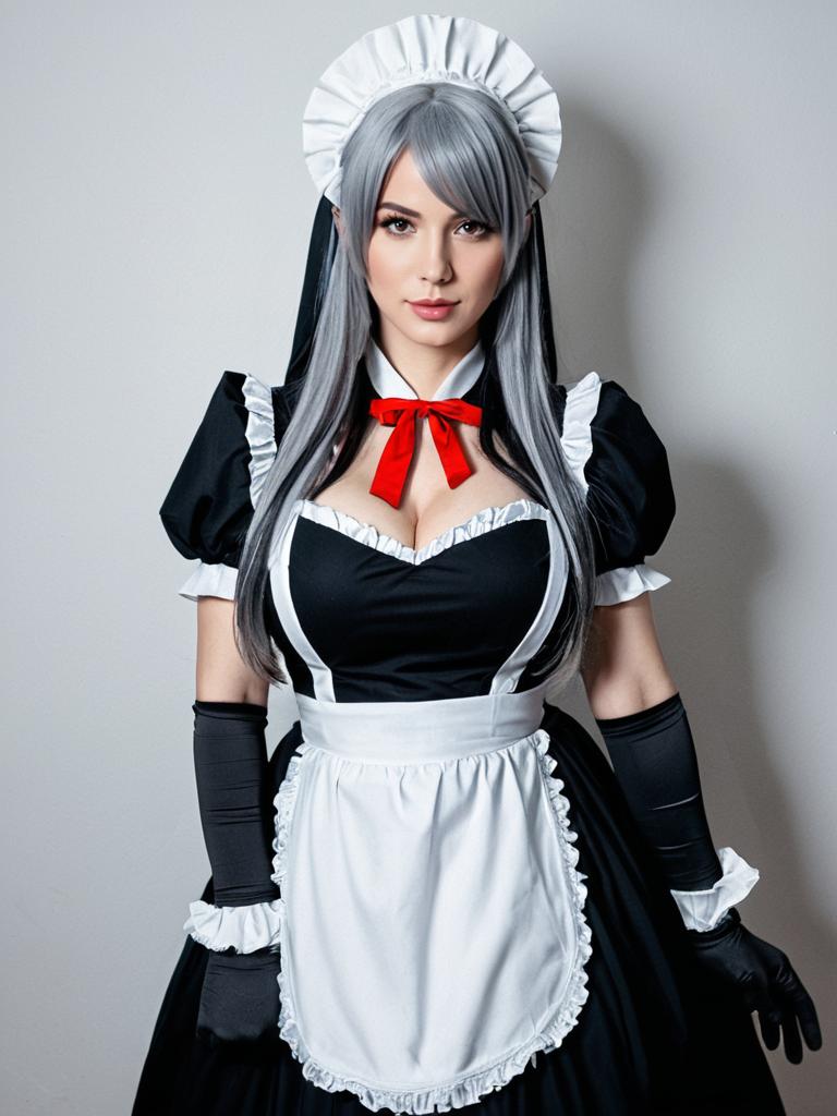 Woman in Classic French Maid Costume with Silver Hair and Red Bow Tie