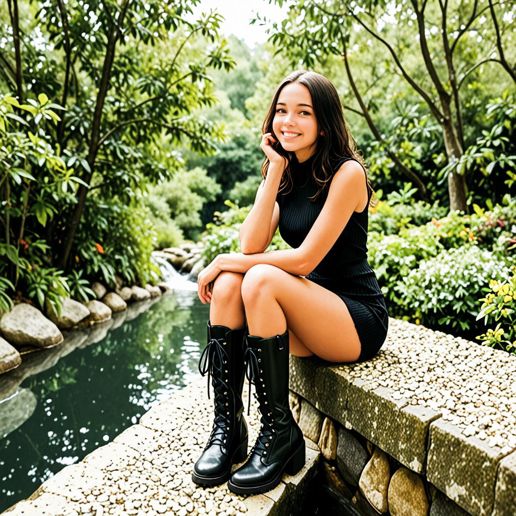 Young Woman in Black Dress by Serene Waterway Young Woman in Black Dress by Serene Waterway