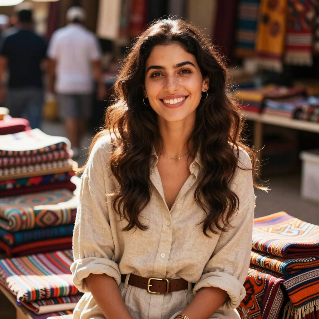 Smiling Young Woman at Colorful Outdoor Textile Market