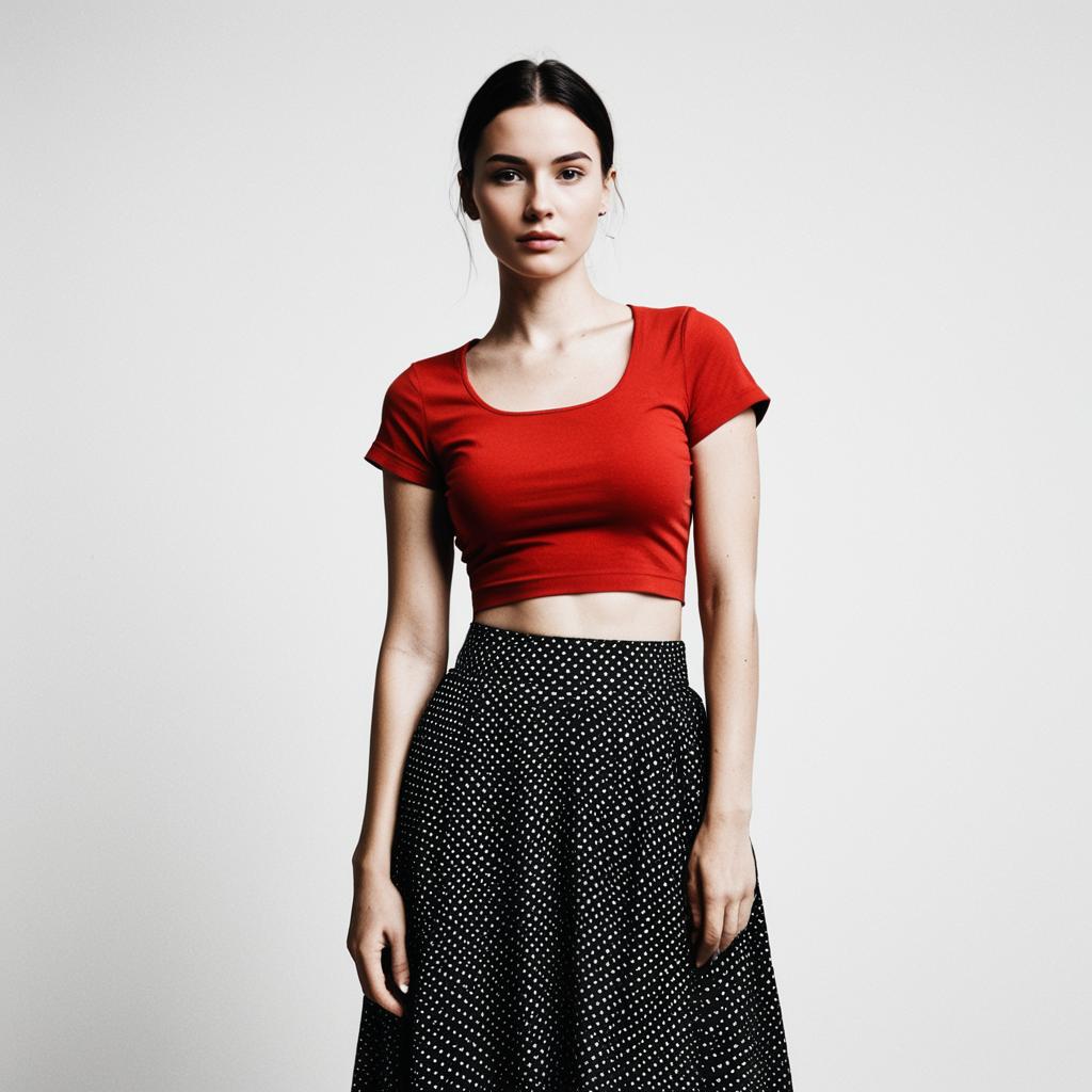 Confident Woman in Red Crop Top and Black Polka Dot Skirt
