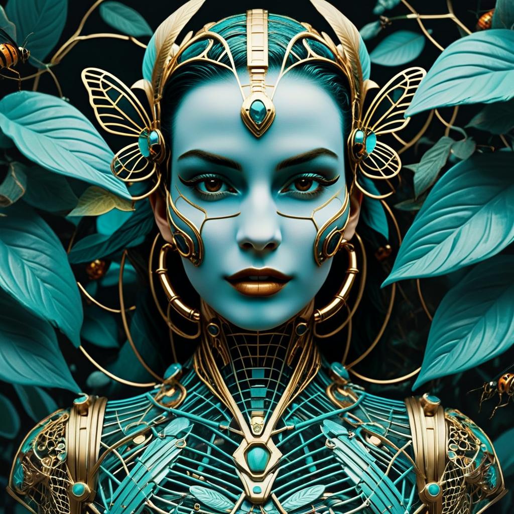 Futuristic Cybernetic Woman with Gold and Teal Nature-Inspired Armor