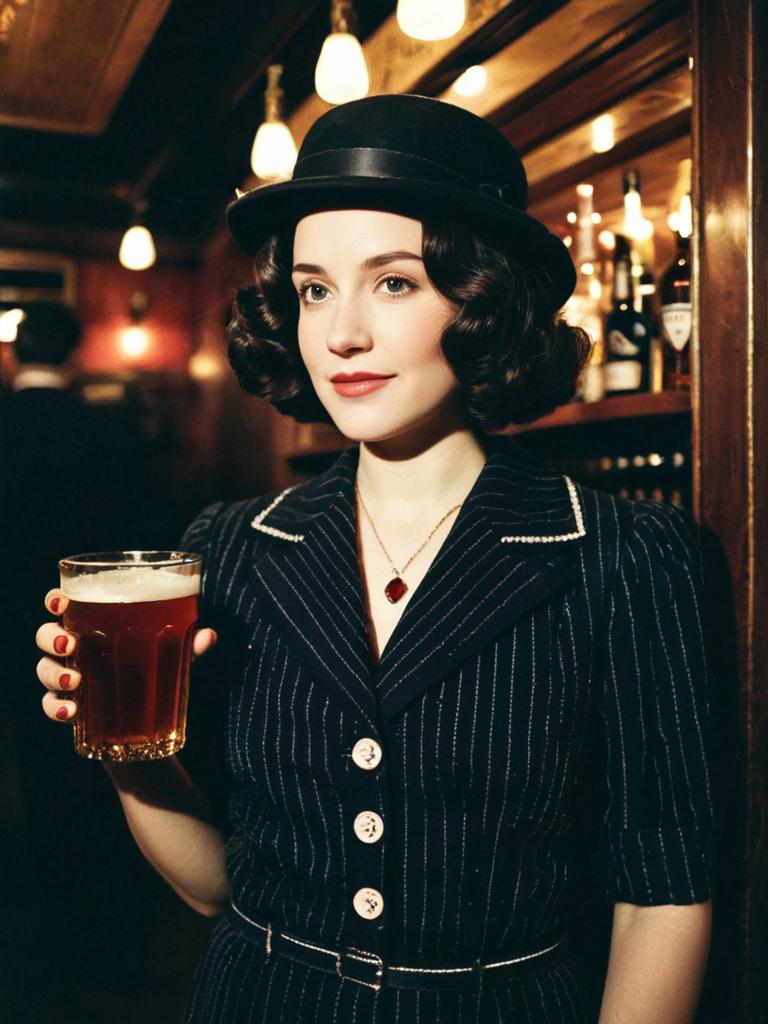 Vintage 1920s Speakeasy Costume Woman Holding Beer in Bar