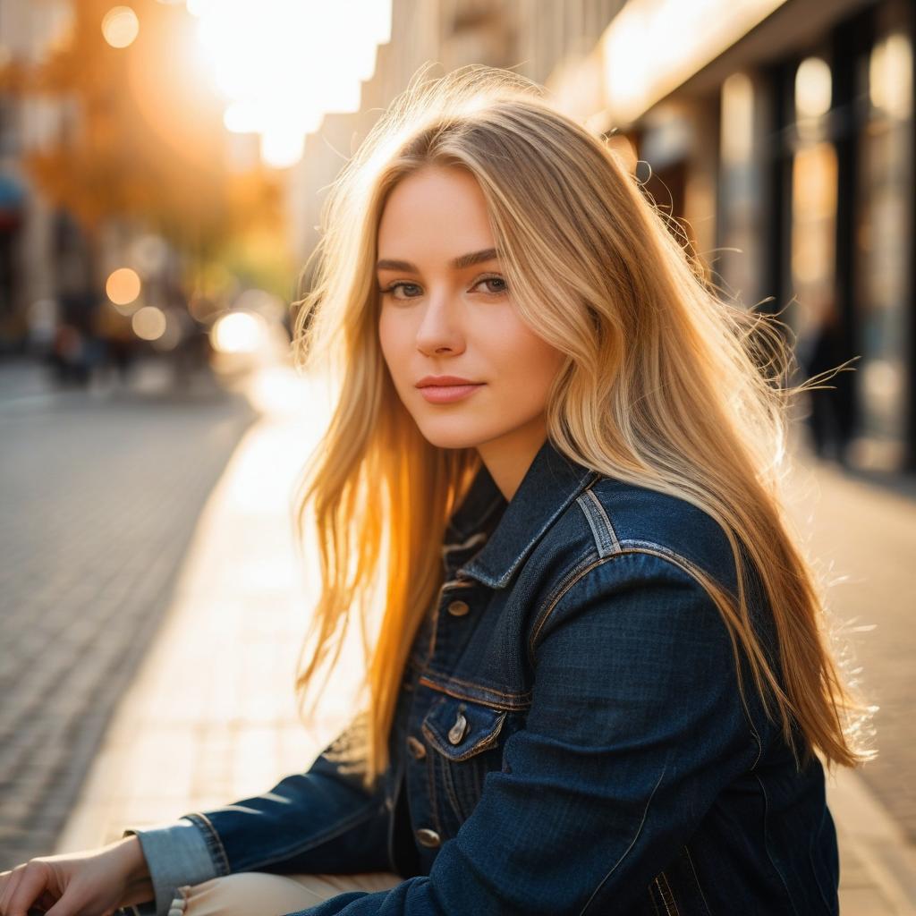 Blonde Woman in Denim Jacket Sitting on City Street at Golden Hour