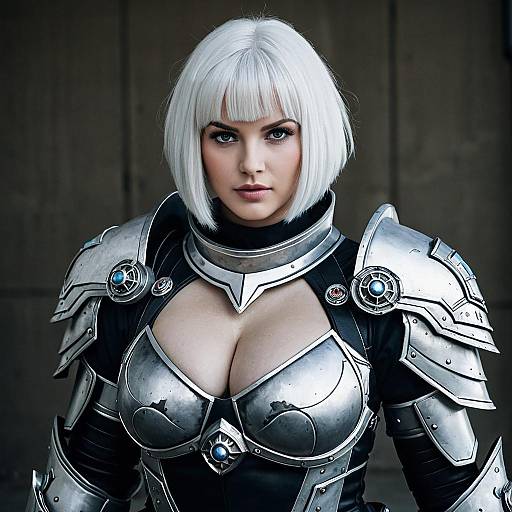 Adepta Sororitas Woman in Futuristic Silver Armor with White Bob Hair