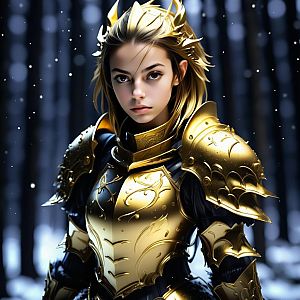 Young Woman in Golden Armor in Snowy Forest