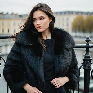 Elegant Woman in Black Fur Coat Outdoors Urban Fashion