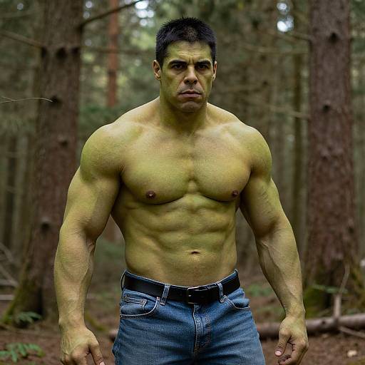 Muscular Man in Forest with Green Skin Hulk Inspired Look