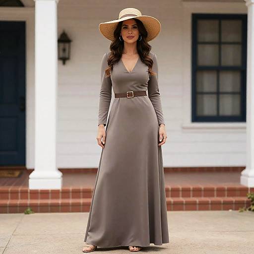 Woman in Long Pioneer Style Dress with Wide Brim Hat on Porch