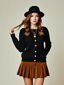 Woman Wearing Casual Chic Black Cable Knit Sweater with Pleated Brown Skirt and Hat