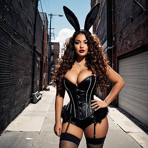 Woman in Black Leather Bunny Costume with Fishnet Stockings in Urban Alley