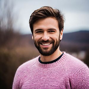 Cheerful young man in pink sweater