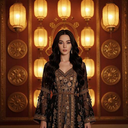 Elegant Woman in Ornate Black and Gold Embroidered Gown with Warm Lanterns Background
