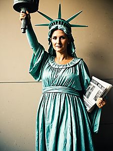 Woman Wearing Statue of Liberty Costume Holding Newspaper