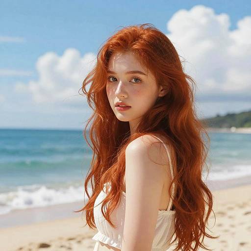 Young Redhead Woman on Sunny Beach with Gen Z Vibe