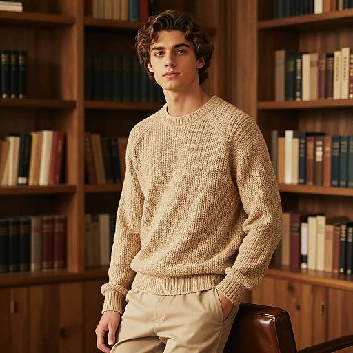 Young Man in Beige Knit Sweater in Cozy Library Setting