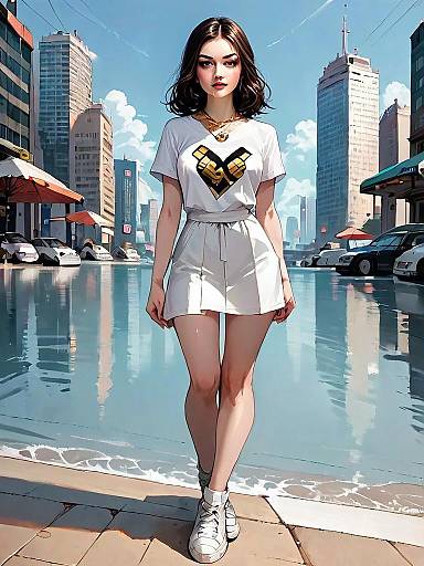 Realistic Comic Style Full Body Woman by Waterfront in Urban Setting