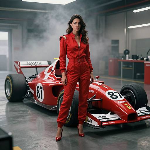 Woman in Red Racing Suit Poses with Vintage Formula 1 Car 87 in Garage