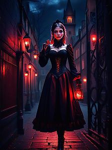 Victorian Gothic Woman in Dimly Lit Alley