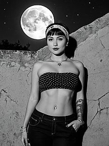 Black and White Portrait of Woman with Full Moon Background