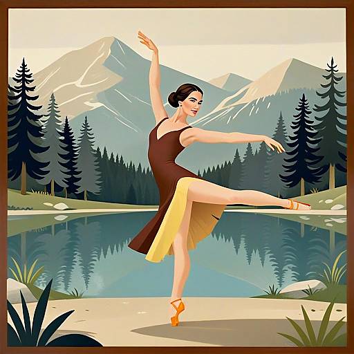 Elegant Woman Ballerina Dancing by Mountain Lake Digital Illustration