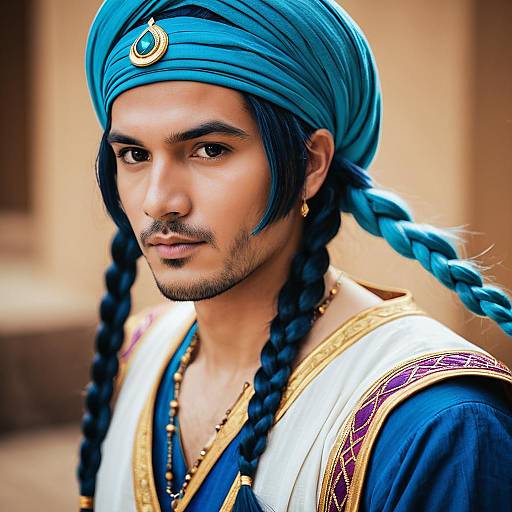 Aladdin-Inspired Man in Blue Turban and Traditional Magi Attire