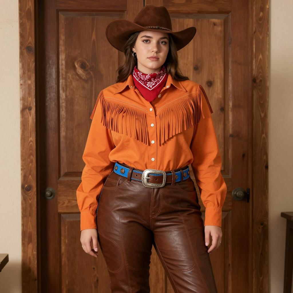 Woman in Orange Western Fringe Shirt Leather Pants Cowboy Hat