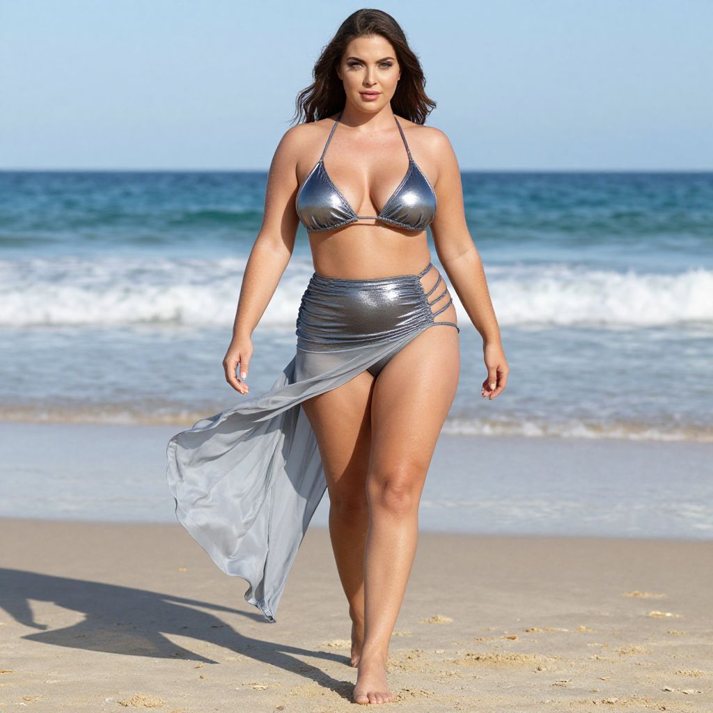 Woman in Silver Bikini and Sarong Walking on Beach with Ocean Background