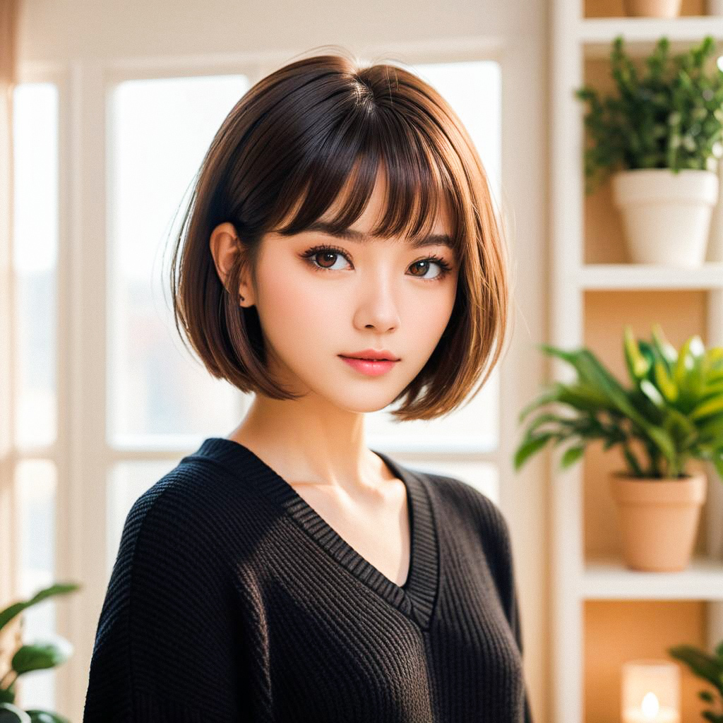 Young Woman with Bob Haircut in Modern Indoor Setting Young Woman with Bob Haircut in Modern Indoor Setting